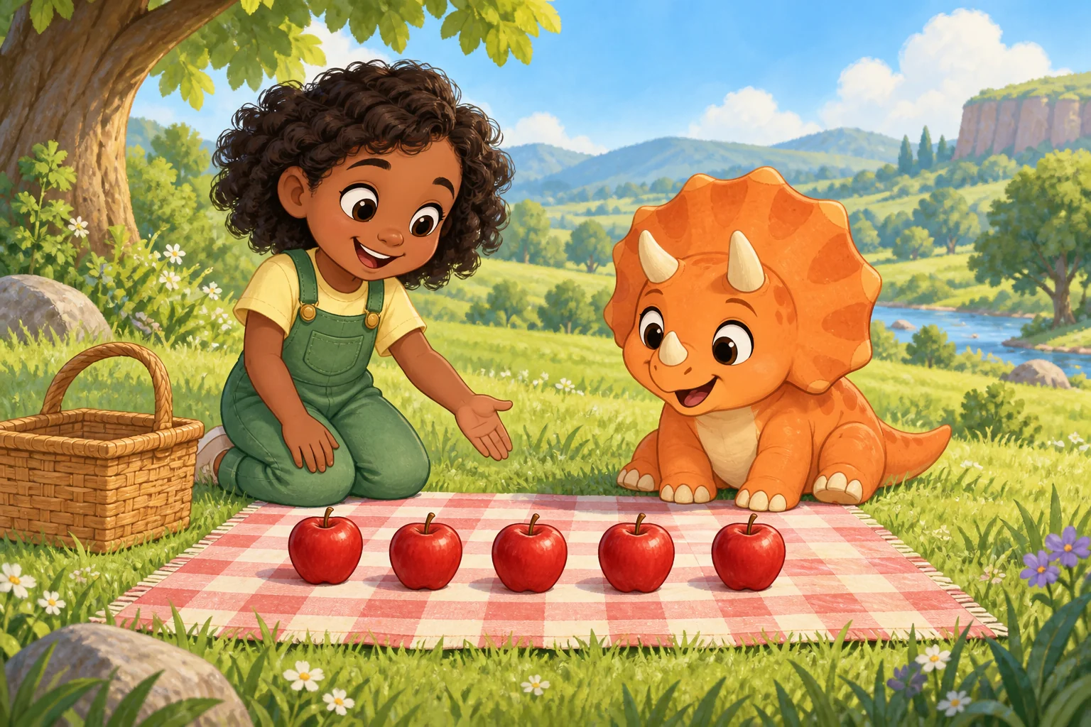 Ivy and Pebble counting apples on a picnic blanket.