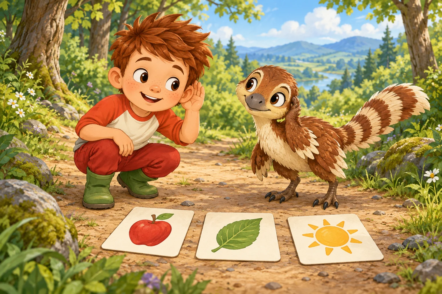 Dax and Waffle listening on a woodland trail with picture cards.