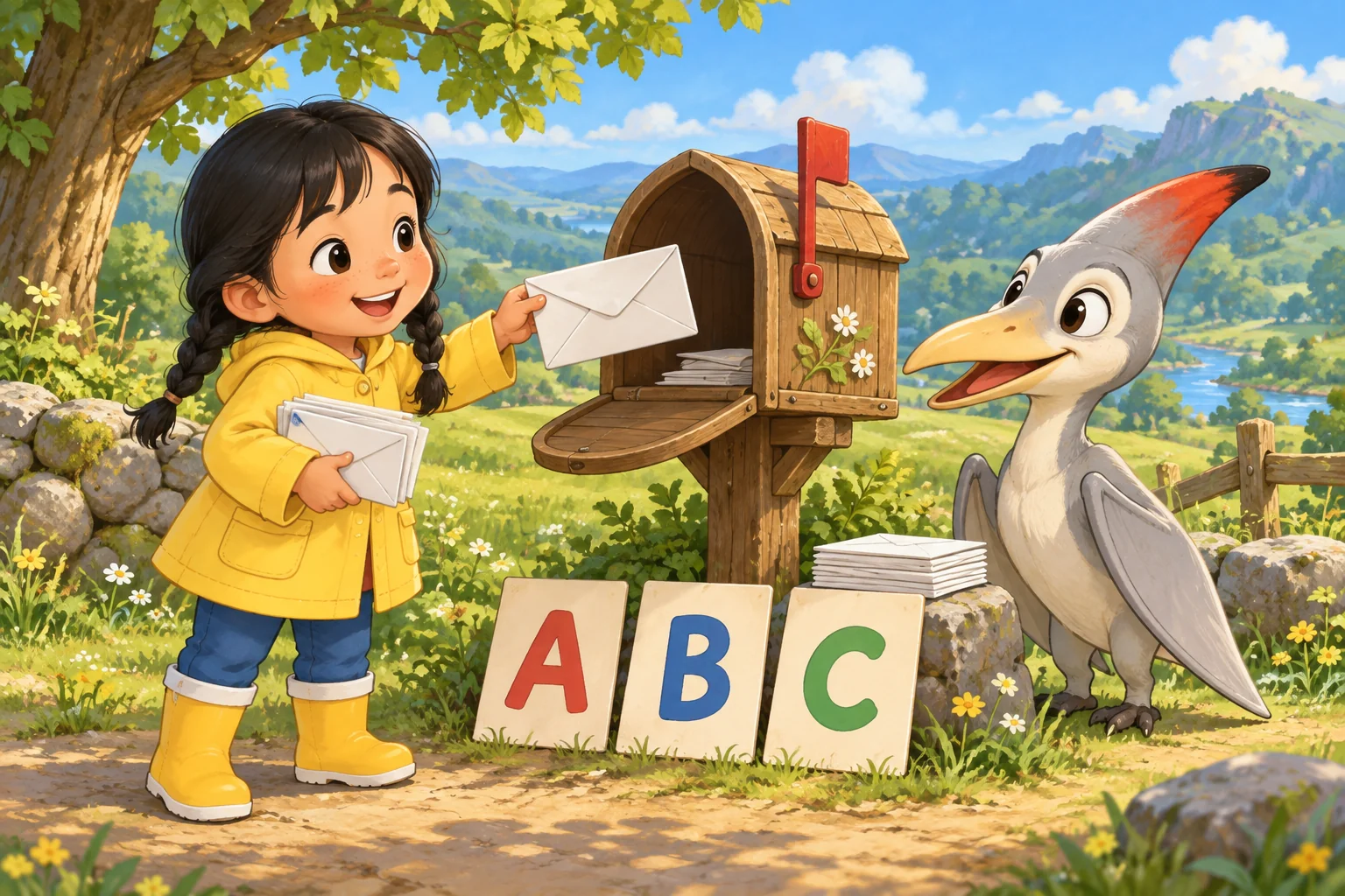 Hana and Kite sorting alphabet envelopes at the Valley mailbox.