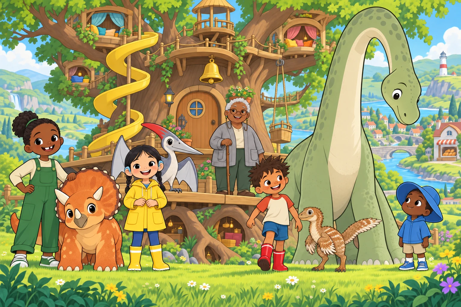 Ivy, Hana, Dax and Obi with their dinosaur friends at the sunny Roost treehouse, where Fig keeps the Bell.